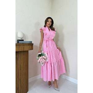 เดรสทรงเอไลน์สีชมพูแต่งระบาย เอวธรรมชาติ ผ้าทอระบายอากาศ ใส่สบายๆ ได้ทุกวัน - Product Image 4