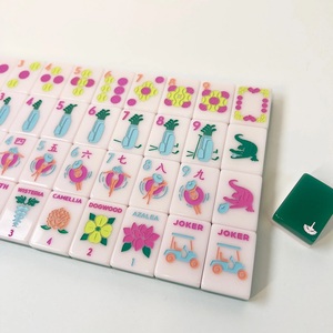 Pink Green Custom Portable Mahjong Set Vibrant Colors Luxury Layered Acrylic Mahjong Tiles Hand Painted Pattern <b>Entertainment</b> - Product Image 2