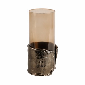 Portacandele in Vetro Ornamentale con Base in Metallo, Candelabro Contemporaneo per Candele a Colonna, Centrotavola - Product Image 4