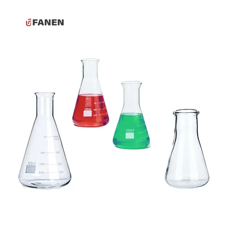 実験室の耐熱性ホウケイ酸ガラス化学フラスコで使用されるFanen500mlコニカルエルメンマイヤーフラスコ
