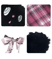 Peluche Chat Noir de la Série Custom Listening avec Nœud Rose et Détails à Carreaux