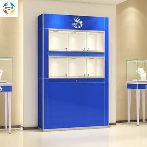 Wholesale lighted mirror jewelry cabinet-Top Brand Logo Custom Wall High Back Showcase Floor Blue Mirrored Glass Standing Jewelry Cabinet With LED Lights