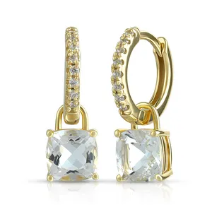 925 Sterling Silver 14K Gold Plated Natural Gems Gemstone Geometric Square Cz Zircon White Quartz Cushion Hoop Earrings
