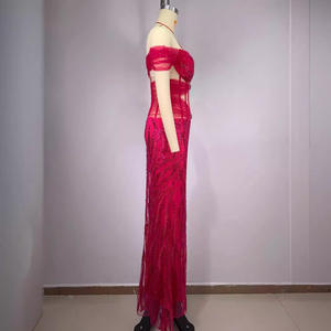 2024 mujeres moda alta calidad Rosa línea roja hombro diseño malla apretado hueso de pescado elegante vestido de moda - Product Image 3