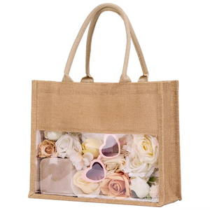 Sacs fourre-tout en toile de jute de haute qualité avec fenêtre transparente en PVC Cadeau de mariage de grande capacité avec logo personnalisé - Product Image 6