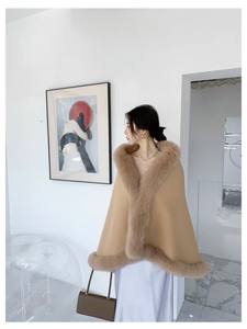Vrouwen Luxe Winddichte Mantel Warme Poncho Vossenbont Afgezet Dubbelzijdige Wolmix Cape - Product Image 3