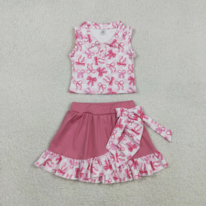 Factory Direct Sale Baby Clothes Flowers <b>Bows</b> Top <b>Pink</b> Ruffle Skirts Shorts Girls Summer Yoga Clothes Set - Product Image 4