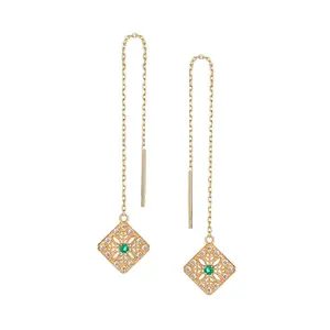 Real gold Jewelry Ear Threads dangle long chain emerald earrings 14k gold threader earrings