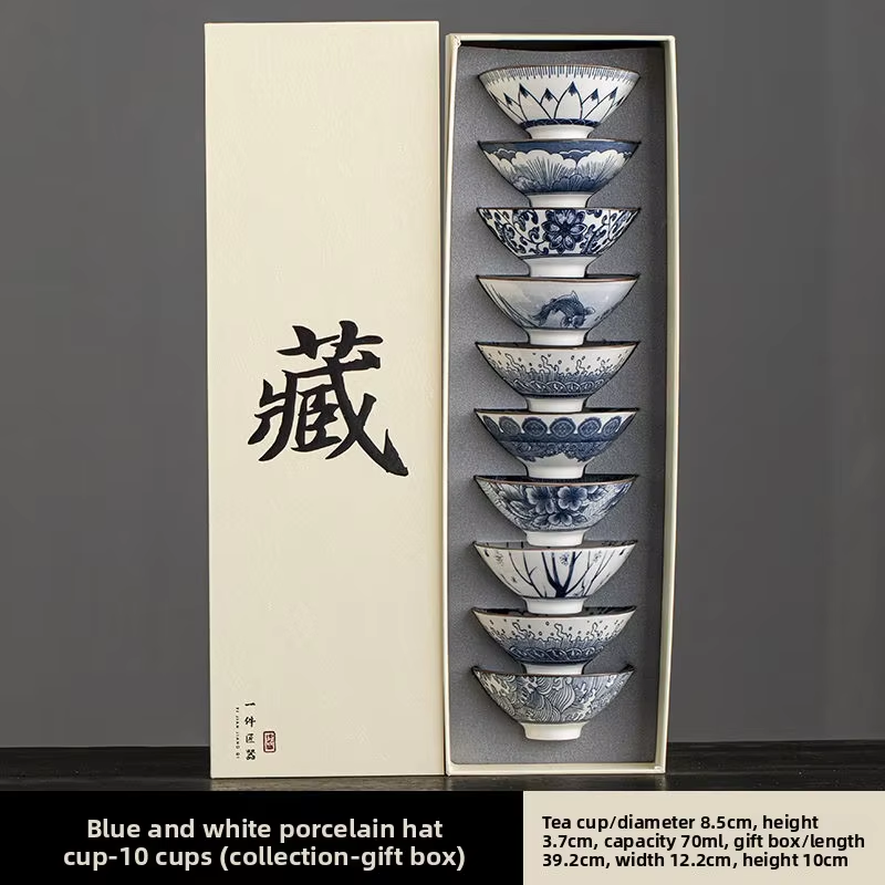 Confezione da 10 tazze a secchiello blu e floreali - Scatola regalo con caratteri tibetani