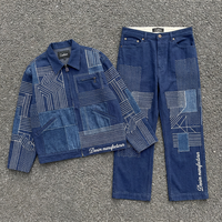 Ensemble de costume en jean pour homme, veste et pantalon patchwork Sashiko de créateur, streetwear déstructuré de haute qualité, hiver, boutonné, décontracté, personnalisé