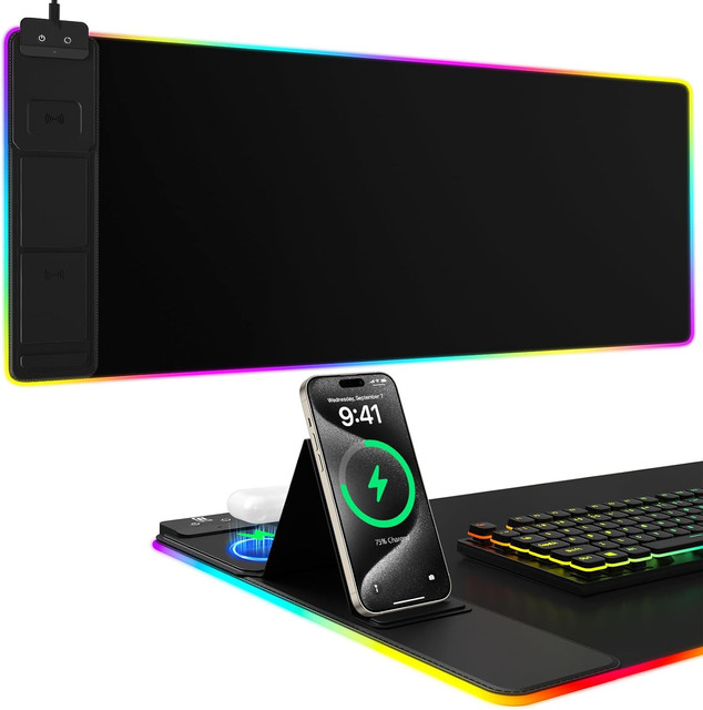 Gaming RGB Wireless Charging Desk Mouse Pad with Phone Holder with Ultra-Smooth Surface
