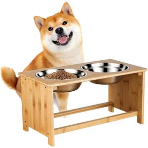 Cuencos de bambú de madera ecológicos ajustables personalizados dobles, soporte de alimentador automático elevado con cuencos de acero inoxidable - Product Image 3