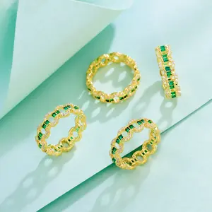 Bague de mariage en pierre verte émeraude plaquée or 18k, lien cubain rond en zircon cubique, bijou cadeau pour femme