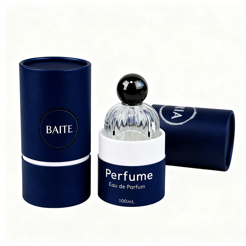 Navy Blue Textured Paper Luxury Paper Tube for Perfume & Skincare | Custom Foil Logo Round Cylinder with White Accent Design