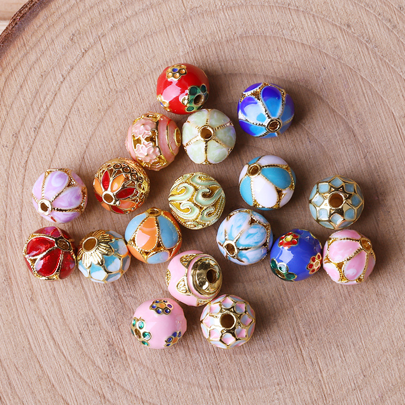 Hollow Round Flower Pattern Cloisonne Beads 8mm Gold Enamel Matte Brass Spacer Beads for Jewelry Making Findings