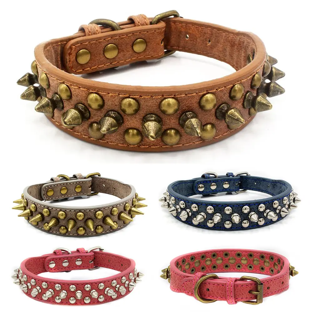 QY0040 New bronzer bullet pet collar leather rivets anti-bite dog collar punk large small to medium sized dogs