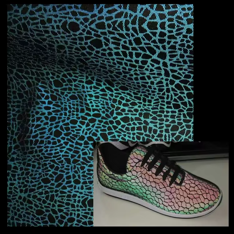 China Factory Custom Synthetic PU PVC Mesh Fabric rainbow Iridescent TPU Leather Reflective Raw Material for Shoes Upper Bag Hat