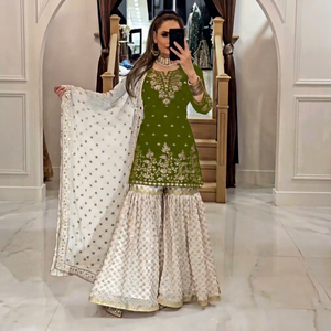 Kurti vert brodé pour femme avec pantalon palazzo crème et dupatta, tenue traditionnelle indienne et pakistanaise pour mariage, longueur cheville - Product Image 1