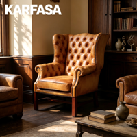 Fauteuil Chesterfield à dossier haut en cuir pleine fleur, capitonné, avec garniture cloutée, pieds en bois massif, pour salon et bureau à domicile