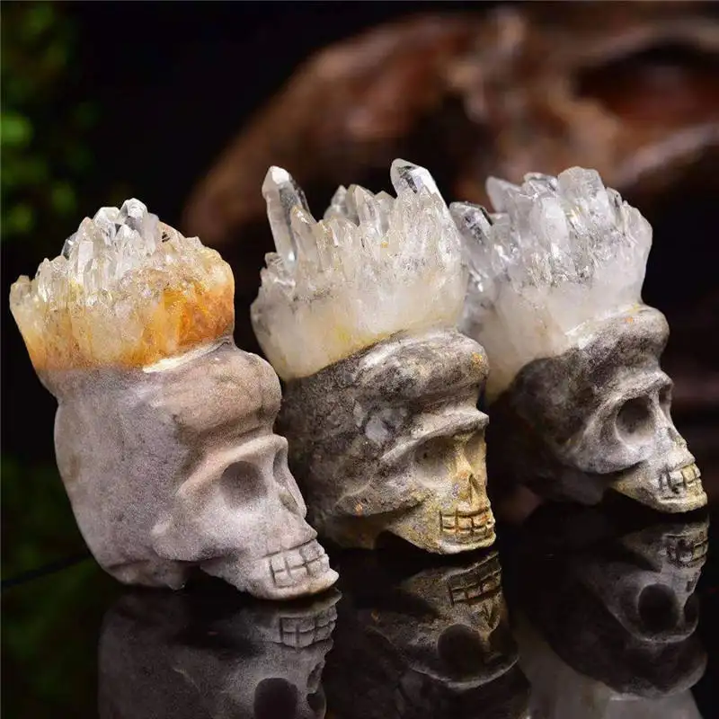 Piedra de cristal curativa, estatuilla de calavera de Reiki humano, esculturas de estatua, calavera de punto de racimo de cristal de cuarzo tallada a mano Natural