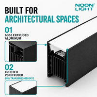 Éclairage architectural linéaire LED avec système de connexion par glissière pour montage en surface, suspendu au mur et encastré