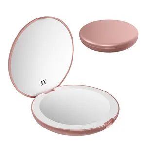 Custom Logo Manufacturers Rose Gold Pocket Mini Makeup Portable Folding Compact Hand Small Mirror With Led Light