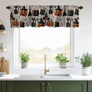 Cortinas Decorativas para Ventana de Cocina con Diseño de Gato Negro de Halloween, Calabaza, Sombrero de Bruja y Escoba, Personalizables - Product Image 1