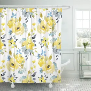 Blumen Aquarell helles Muster gelb und blau abstrakte Blumen grau botanisch wasserdicht Polyester Stoff Dusch vorhänge