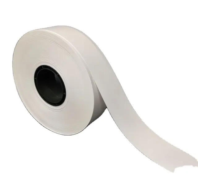 Rollo de papel de flejado de fusión en caliente blanco de 80GSM, cinta de bandas de billetes de Material PE para aplicación de embalaje
