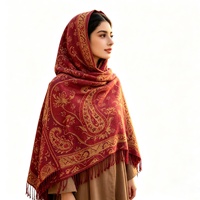 Écharpe Hijab Musulmane Vintage Ethnique Jacquard Paisley Effet Cachemire avec Pompons, Châle Oversize pour Femme, Idéal pour Tenue Quotidienne Islamique Modeste