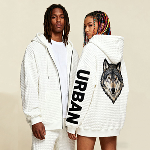 <span class=keywords><strong>Felpa</strong></span> con Cappuccio e Zip Unisex in Maglia Waffle con Logo Personalizzato, Stampa <span class=keywords><strong>Lupo</strong></span>, Oversize per Streetwear - Product Image 3
