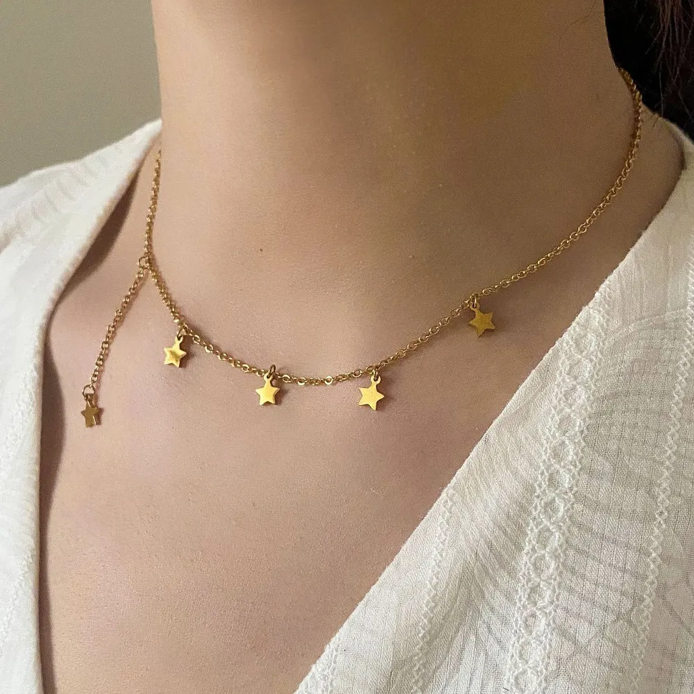 Dainty 18K Gold Plated Stainless Steel Thin Chain Choker Necklace Women Lucky Star Pendant Necklace Jewelry