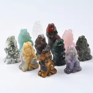DIY Wholesale Natural Wicca Crystal Ornament Hand Carved Healing Stone 1.5 Inch Howling Wolf For Decoration