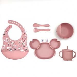 Juego de vajilla para bebé Rts, alimentador de silicona con forma de cangrejo, plato con ventosa impermeable, babero con cubiertos y taza. - Product Image 2
