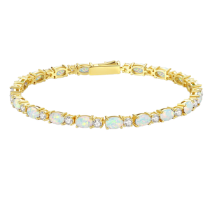 4*6mm Oval White Fire Opal Geometric Tennis Bracelet Trendy Gemstone 14K Gold Plated Anniversary Gift - Product Image 1