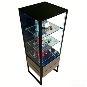 Vitrine de présentation de parfums avec tiroirs de rangement, en métal et en verre, sur pied, pour produits de soin de la peau de luxe en magasin de détail - Product Image 5