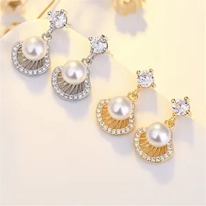 2021 neue S925 Silber Nadel Ohrringe Mode einfache Zirkon Diamant Perlen Ohrringe Jakobs muschel Muschel Damen Ohrringe