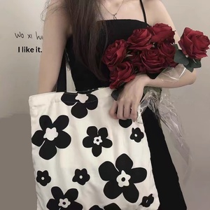 Regalos para Fiestas, Bolsos de Hombro con Flores Blancas y Negras, Modernos y Lindos al Estilo Coreano, Bolsos de Compras para Mujer de Gran Capacidad - Product Image 5
