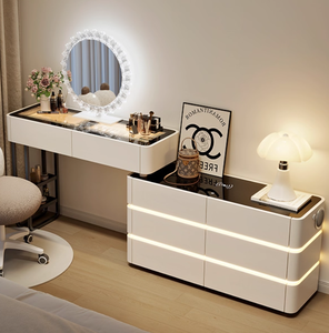 Coiffeuse moderne avec dessus en verre Coiffeuse Tables de courtoisie de rangement de <span class=keywords><strong>grande</strong></span> <span class=keywords><strong>capacité</strong></span> Miroir LED - Product Image 2