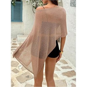 เสื้อคลุมโปโลผ้าซีทรูสำหรับผู้หญิง แบบเปิดไหล่ ถักลายไม่สมมาตร เหมาะสำหรับใส่คลุมชุดว่ายน้ำในช่วงฤดูร้อน น้ำหนักเบา ใช้เป็นผ้าคลุมชายหาดได้ - Product Image 2