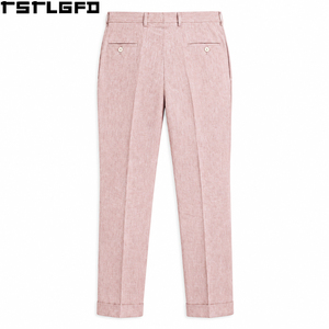 Pantalones de Traje de Lino Plisados Rosa Personalizados para Hombre, de Cintura Alta, con Doble Pliegue y Dobladillo Reforzado, Pantalones de Vestir Formales a Medida, Venta al por Mayor a Granel - Product Image 5