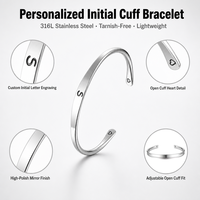 Bracelet ouvert personnalisé avec initiale en acier inoxydable pour femme, vente en gros OEM, cadeau de bijoux personnalisé