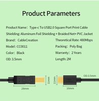 Cable USB Tipo C a USB 2.0 Tipo-B para Impresora y Escáner, Cable USB Cuadrado, Cable Digital para Transferencia de Datos para Impresora, Impresión Rápida