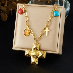 Cross Shaped Spiral Geometric Pendant Irregular Chain Turquoise Necklace For Daily Wear - Product Image 1
