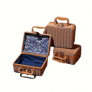 Picnic Luggage Handmade Rattan Woven <b>Storage</b> Case Makeup Holder Travel <b>Suitcase</b> Wicker Basket Sundries Organizer Box - Product Image 1