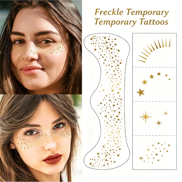 Freckle Glitter Holographic Rainbow Face Tattoos-Gold Silver Metallic PVC Temporary Stickers for Festival Party Cosplay