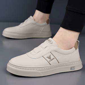 Baskets blanches en cuir à enfiler pour hommes, chaussures d'été à bout rond, semelle en caoutchouc antidérapante, chaussures de mode décontractées pour l'extérieur - Product Image 2