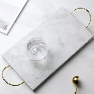 Light Grey Rectangle Marble Serving Tray Perfume Tray For Vanity With Gold Handles