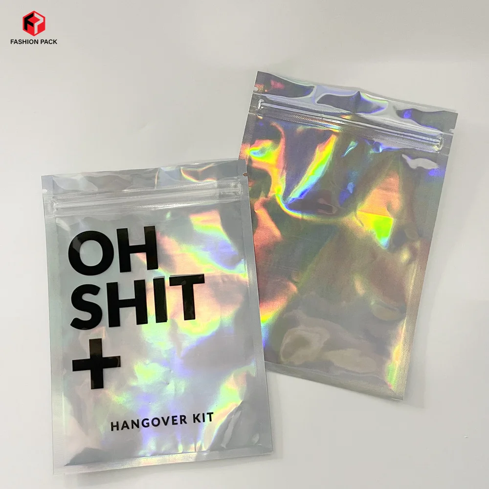 Custom Printed Holographic Transparent Cosmetic Hologram Zipper Top Seed Flower 3 Sides Self Sealing Packaging Bag