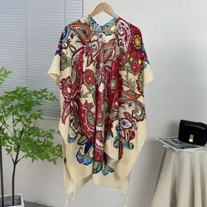 Holiday National Style Printed Cape Sun Protection Women Shade Satin Shawl Swim Cover Up